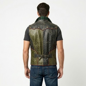 Men's <b>Vintage</b> Washed Genuine Leather Biker Vest Color Block Moto <b>Waistcoat</b> with Belt - Product Image 5