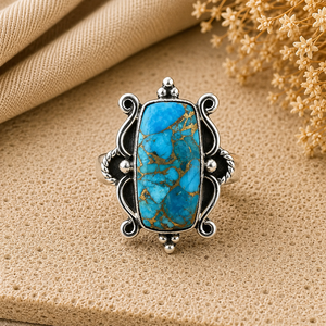 Bague en argent turquoise cuivrée bleue, faite à la main, avec pierre coussin, style bohème du Sud-Ouest, bijoux pour femme, cadeau d'anniversaire - Product Image 1