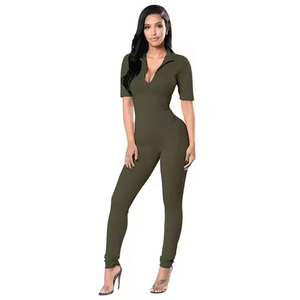 Women <b>Black</b> High Waist V-Neck Short <b>Sleeve</b> <b>Jumpsuit</b> Skinny Fit Full Length Solid Color Breathable Spandex Polyester Street Wear - Product Image 4