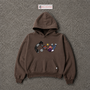 Sudadera con Capucha Gráfica Marrón con Ilustración de Personajes Divertidos, Estilo Urbano Texturizado, Oversize, Casual, Unisex, Vintage - Product Image 5
