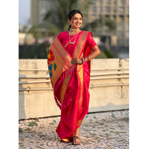 Sari Paithani de Seda Suave Rosa con Motivos de Lunares Tejidos con Hilo Zari y Pallu de Pavo Real para Bodas, Ropa India y Pakistaní - Product Image 4