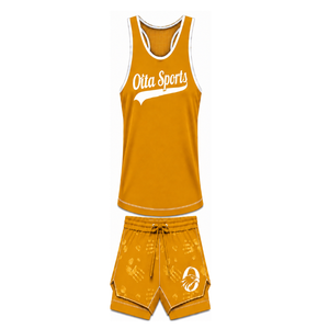 Ensemble de natation jaune doré et blanc, débardeur sans manches dos nageur avec short assorti, léger, séchage rapide, performance pour l'entraînement - Product Image 1