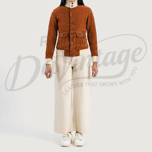 Women Tan Genuine Suede <b>Leather</b> Button Up <b>Jacket</b> Slim Fit Premium Goat Suede Casual Winter Bomber Outerwear Fashion Coat - Product Image 4