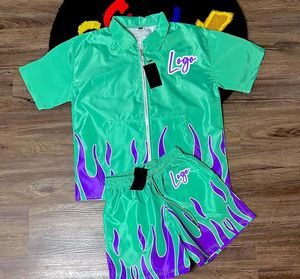 New Men's Summer Casual Streetwear Two-Piece Set Nylon Windbreaker Jacket Shorts <b>Flame</b> Embroidery Logo Embroidered Tracksuit - Product Image 1