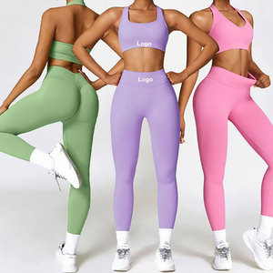 Solid <b>Seamless</b> 2-Piece Women Activewear Set Mid Waist <b>Leggings</b> Sports Bra Crop Top Full Length Racerback Yoga Gym Wear - Product Image 1