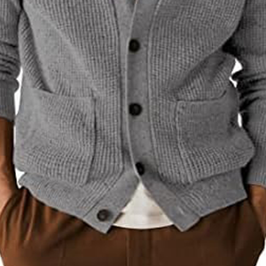 Cárdigan Gris de Alta Gama para Hombre, Cuello en V, Manga Larga, Color Sólido, Cierre de Botones, Ropa de Otoño, Corte Regular, Suéter de Punto de Lana y Acrílico - Product Image 2