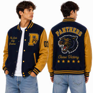 Custom Team Letterman <b>Jacket</b> Navy Cream Color Embroidered Hawk Mascot Back Logo Front Patch OEM Apparel For Players For Team Use - Product Image 3