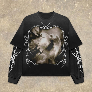 เสื้อยืดแขนยาวสองชั้นพิมพ์ลายสไตล์สตรีทแวร์ลำลองแบบดิสเทรส ไซส์พลัส สำหรับผู้ชาย รุ่น Y2K - Product Image 3