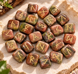 Pierres de runes gravées en unakite naturelle, ensemble de pierres roulées, symboles en cristal poli pour la divination et la guérison Reiki, acheter chez Ruhi agate - Product Image 5