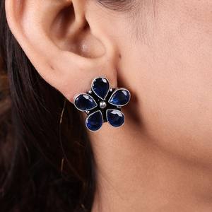 Boucles d'oreilles clous fleur ethniques bohèmes en pierre bleue, sertissage en laiton, plaqué argent antique, faites à la main, bijoux de fiançailles pour femme - Product Image 2