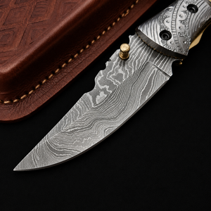 Cuchillo Plegable de Acero de Damasco Hecho a Mano con Mango de Hueso y Funda de Cuero, Hoja Recta de Punta Caída, Multifuncional, Cuchillo de Caza OEM - Product Image 4
