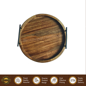 Handmade Round Stylish Burnt Natural Finished Mango Wood Serving Tray with Metal Handles for Restaurant and Hotel <b>Kitchen</b> Use - Product Image 5