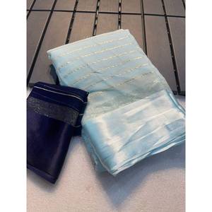 Designer Georgette Zari Travail Saree avec chemisier non cousu Robe de mariée ciel - Product Image 1