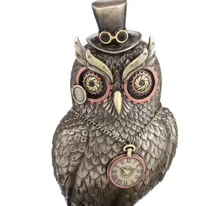 Desain VERONESE-Burung Hantu STEAMPUNK dengan Topi Atas Berdiri Di Atas Buku-Cor Perunggu COLD-Tersedia Di OEM