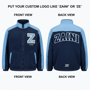 Premium Thin Long 320 GSM Polyester Polar Fleece <b>Jacket</b> Navy/Sky Blue Contrast Panels Custom Embroidered Logo Waterproof - Product Image 1