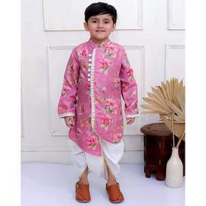 Conjunto de Kurta de Poliéster Estampado para Niño con Pantalones Dhoti, Color Malva y Blanco, Mangas Largas, Elástico, Tallas XS-XL, Modelo Lehenga Choli Saree - Product Image 1