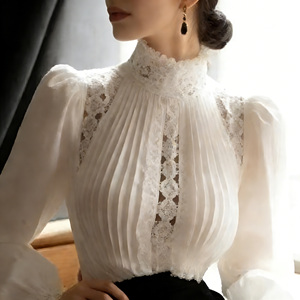 Vente flash sur la chemise blanche à col haut et volants pour femme Temu, manches longues, décorations boutonnées, élégante, pour le bureau, le travail, ou le quotidien. - Product Image 1
