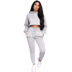Women’s Grey Cropped Hoodie & Slim Fit Jogger Tracksuit Set - Product Image 1