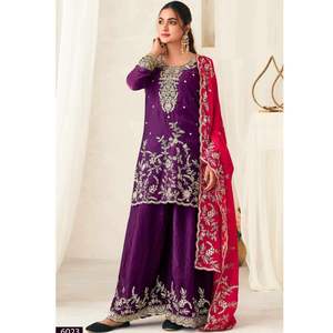 Traje Salwar Plazzo de Seda Fendy Premium para Mujer con Bordado Intenso y Trabajo Jarkan, Vestido Tradicional Elegante con Complementos - Product Image 1