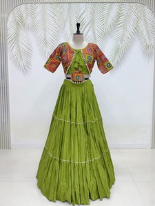 Green Embroidered <b>Lehenga</b> Set Pleated Skirt Traditional Indian Pakistani Wear <b>Women</b> Adult Size Floor-Length Cotton Party Quick - Product Image 2