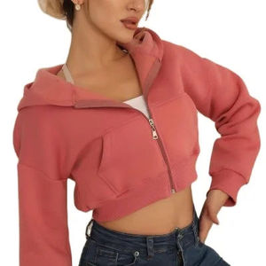 Sweat à capuche rose pour femme, coupe classique, manches longues, couleur unie, double fermeture éclair, décontracté, pour l'automne - Product Image 5