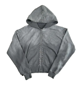 Sudadera con capucha gris para hombre, corte regular, de algodón lavado a la piedra, felpa francesa, informal, con bolsillos y detalles de tachuelas - Product Image 1