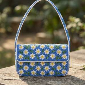 Beaded Blue Daisy Floral <b>Mini</b> Bag Bohemian Style Flap Closure <b>Hand</b>-Carry Handle All Seasons Women's Purse - Product Image 1