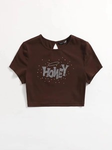 White Women's Crop <b>Top</b> T-Shirt Crew Neck Short Sleeve <b>Rhinestone</b> Letter "Babysgirl" Slim Fit Casual Spring Summer Jersey Cotton - Product Image 5