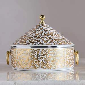 Plat de service en céramique de luxe avec motif arabe, couvercle doré, chauffe-plat pour buffet, pot de service pour la restauration, vaisselle pour hôtel et restaurant - Product Image 1