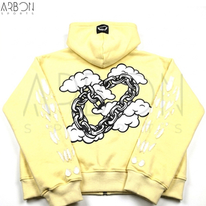 Excellent Fournisseur – Nouveauté : Sweat à Capuche Homme Style Urbain Jaune avec Fermeture Éclair Intégrale, Détails Manches Effet Vieilli et Motif Chaîne – Streetwear - Product Image 2