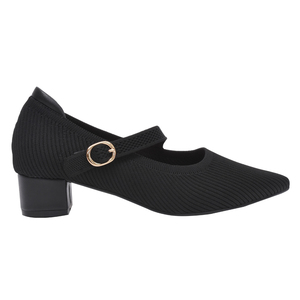 Ann'S Women Pointed Toe Mary Jane <b>Pumps</b> 4cm Block Heel Stretch Knit Office <b>Black</b> Shoes - Product Image 2