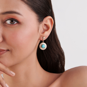 Pendientes de Oro Amarillo de 14K con Turquesa de Corte Cabujón y Doble Halo de Diamantes, Joyería de Boda para Mujer, Más Vendidos - Product Image 4