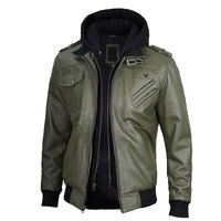 Blouson aviateur en cuir vert pour homme, style slim fit, fermeture éclair