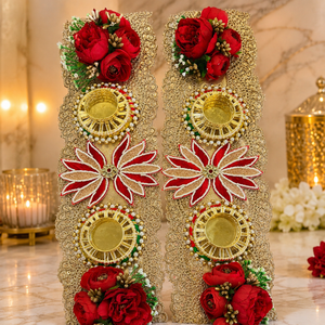 Red Floral Diya Decoration Pair Handmade Gold Patti Pearl Wedding <b>Mandir</b> Pooja Festival Home Decor Gift Item - Product Image 2
