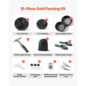 Kit de prospection aurifère 10 en 14 pouces, 19 pièces, équipement portable avec tamis classificateurs, aimant à sable et pichet pour l'exploitation des minerais et l'énergie - Product Image 2