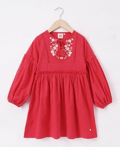 ERIA MUMA Girls Red Long Sleeve Embroidered Floral <b>Printed</b> O-Neck Puff Sleeve A-Line <b>Mini</b> Cotton Spring Casual Cute Style - Product Image 1