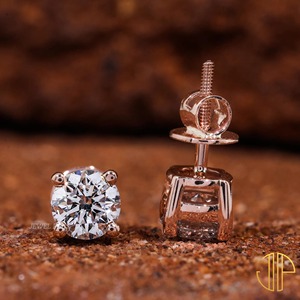 1.00 Ct Lab Grown Round Cut Diamond Stud <b>Earrings</b>, 14k Rose Gold Diamond Stud <b>Earrings</b>, Classic Lab Grown Diamond <b>Earrings</b> - Product Image 3