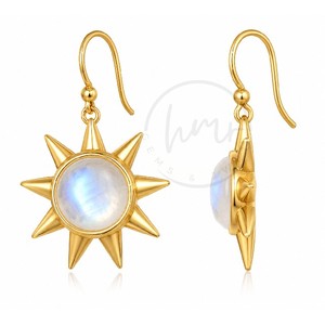 Pendientes Colgantes de Estrella Radiante con Piedra Lunar Arcoíris Bañados en Oro, Hechos a Mano en Latón, Joyería Celestial Boho de Moda para Mujer - Product Image 3
