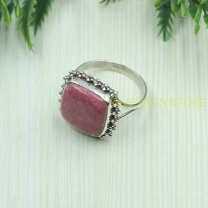 Natural Pink Rhodonite Gemstone Ring Handmade 925 Sterling Silver Vintage Boho Statement Jewelry Cushion Shape Gift for Unisex - Product Image 4