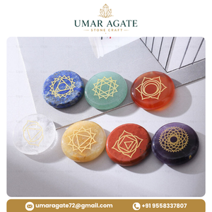 Juego de piedras de cristal de chakra, 7 discos redondos de piedras preciosas grabados con símbolos de Reiki para decoración del hogar, forma circular pulida - Product Image 6
