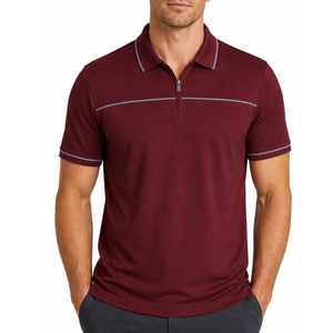 Polo à col zippé pour homme de qualité supérieure, sweat-shirt sport, bordeaux, gris, avec bordures contrastées, manches courtes, chemise classique - Product Image 1