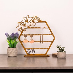 Wooden Hexagon Jewelry Organizer With Floral Design Boho Style <b>Table</b> Top Display Stand For Earrings And Accessories - Product Image 5