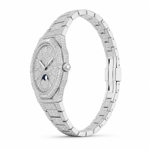 Luxury unisex Octagon Diamond Watch Stainless Steel Case Analog Quartz Movement <b>Moon</b> Phase Display 44mm Deployment Clasp - Product Image 3
