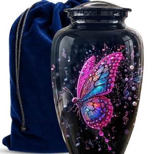 Roze vlinder muzieknoten crematie <span class=keywords><strong>urn</strong></span> voor volwassenen, menselijke as, 200 cu inch, gedenkurn van aluminium met tas - Product Image 1