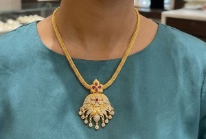 Divyoro Classic 24K Gold Plated Copper Alloy <b>Necklace</b> <b>Ruby</b> Diamond Flower Pendant Orissa Women's Anniversary Engagement Wedding - Product Image 3