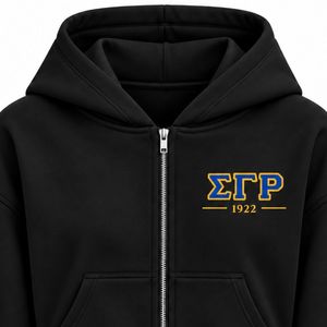 Sweat-shirt en molleton noir à fermeture éclair intégrale avec broderie ETP 1922 bleu or et lettres grecques personnalisées, avec poche kangourou - Product Image 2