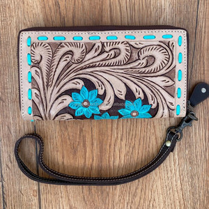 Real Leather Hand Tooled Carving Wristlet Wallet Turquoise Flower Multi Purpose Women's Multi Uses Hot Sale Wallets - Product Image 3