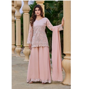 Premium Quality Peach Faux Georgette <b>Kurta</b> Palazzo Set with Rich Heavy Embroidery <b>for</b> <b>Women</b> Wedding and Festive - Product Image 6