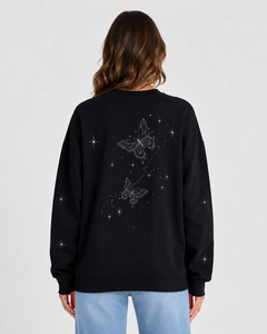 <b>Women's</b> <b>Black</b> Oversized <b>Sweatshirt</b> With Rhinestone Printing Crew Neck Long Sleeve Knitted 100% Cotton Autumn Wear - Product Image 6