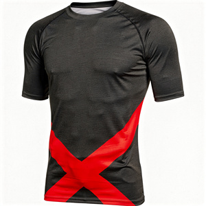 Men's <b>Black</b> Red Geometric <b>Compression</b> <b>Shirt</b> Short Sleeve Quick Dry Polyester Rash Guard Top - Product Image 1
